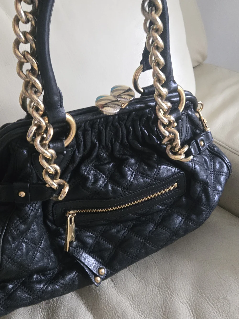Y2k Marc Jacob Vintage Quilted Leather Satchel Handbag with Gold Chain Hardware